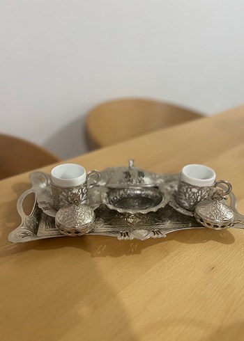 Erzincan Bakırı / Altın Kaplama Gri Desenli Kahve Fincan Seti - Görsel 3