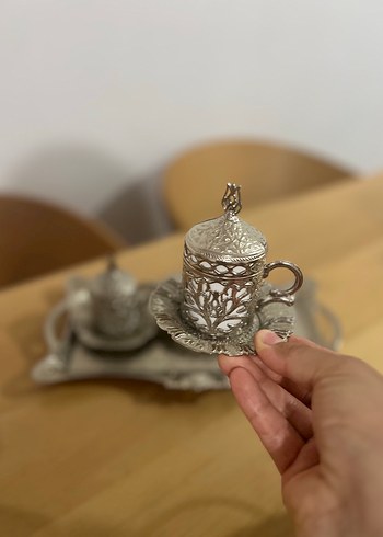 Erzincan Bakırı / Altın Kaplama Gri Desenli Kahve Fincan Seti - Görsel 2