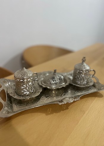 Erzincan Bakırı / Altın Kaplama Gri Desenli Kahve Fincan Seti