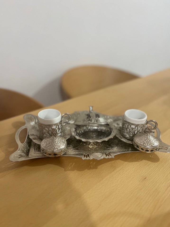 Erzincan Bakırı / Altın Kaplama Gri Desenli Kahve Fincan Seti - Görsel 3