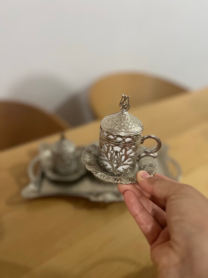 Erzincan Bakırı / Altın Kaplama Gri Desenli Kahve Fincan Seti - Görsel 2