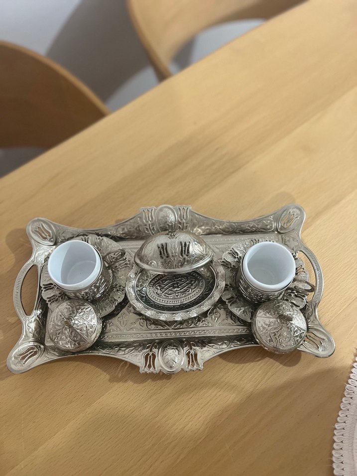 Erzincan Bakırı / Altın Kaplama Gri Desenli Kahve Fincan Seti - Görsel 4