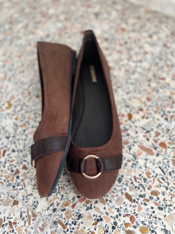 alman markası Kahverengi Süet Tokalı Kadın Babet sıfır ayakakbı - Görsel 2