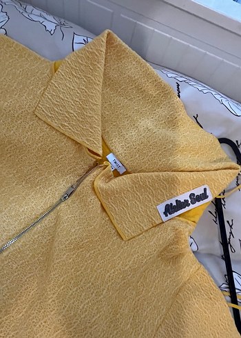 Sarı Midi Keten Drapeli Askılı Elbise - Görsel 6