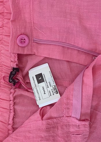 Düğmeli Pembe Keten Mini Kadın Pantolon