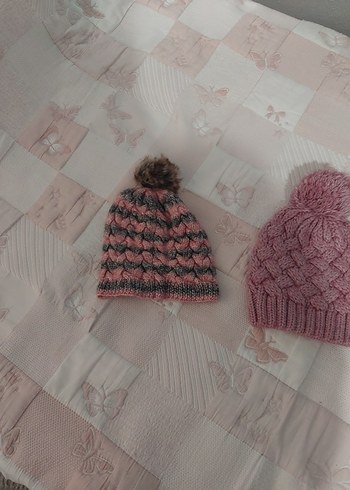 Kadın Örgü Bohem Bere - Pembe ve Gri - Görsel 4