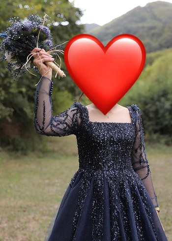 Lacivert Uzun Kollu Drapeli Abiye Elbise - Görsel 2