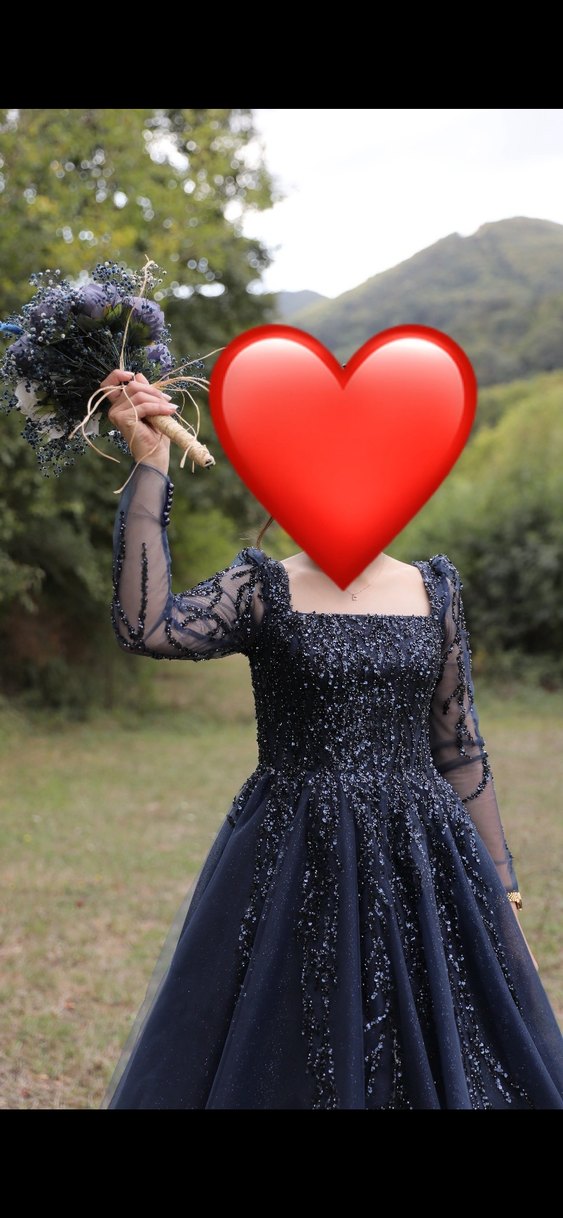 Lacivert Uzun Kollu Drapeli Abiye Elbise - Görsel 2