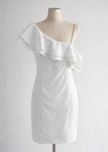 Beyaz Tek Omuz Fırfırlı Mini Elbise - Görsel 2