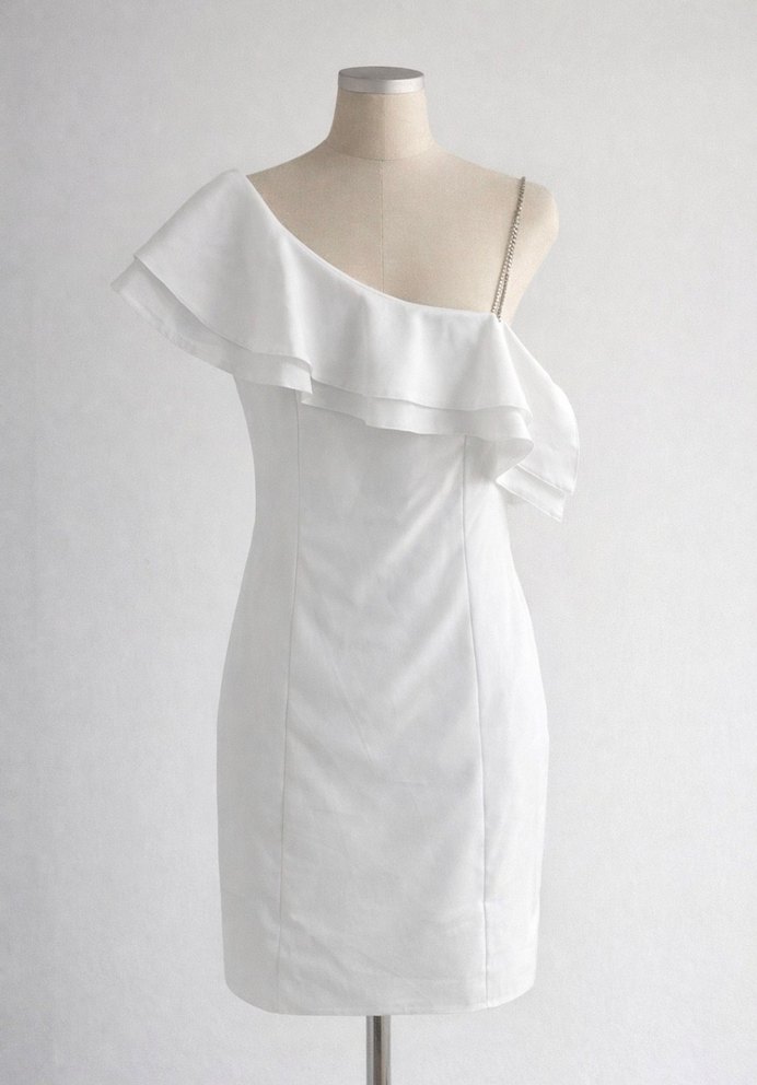 Beyaz Tek Omuz Fırfırlı Mini Elbise - Görsel 2