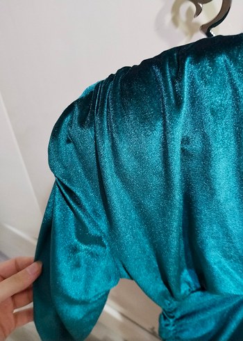 Turkuaz Drapeli V Yakalı Midi Elbise - Görsel 4