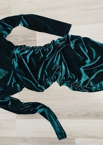 Turkuaz Drapeli V Yakalı Midi Elbise - Görsel 2