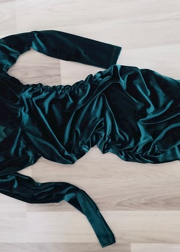 Turkuaz Drapeli V Yakalı Midi Elbise - Görsel 6