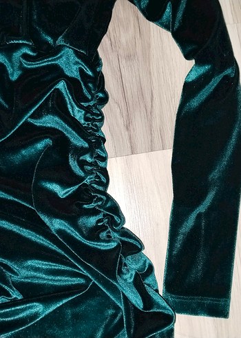 Turkuaz Drapeli V Yakalı Midi Elbise - Görsel 3