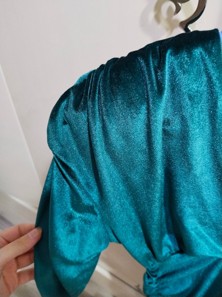 Turkuaz Drapeli V Yakalı Midi Elbise - Görsel 4