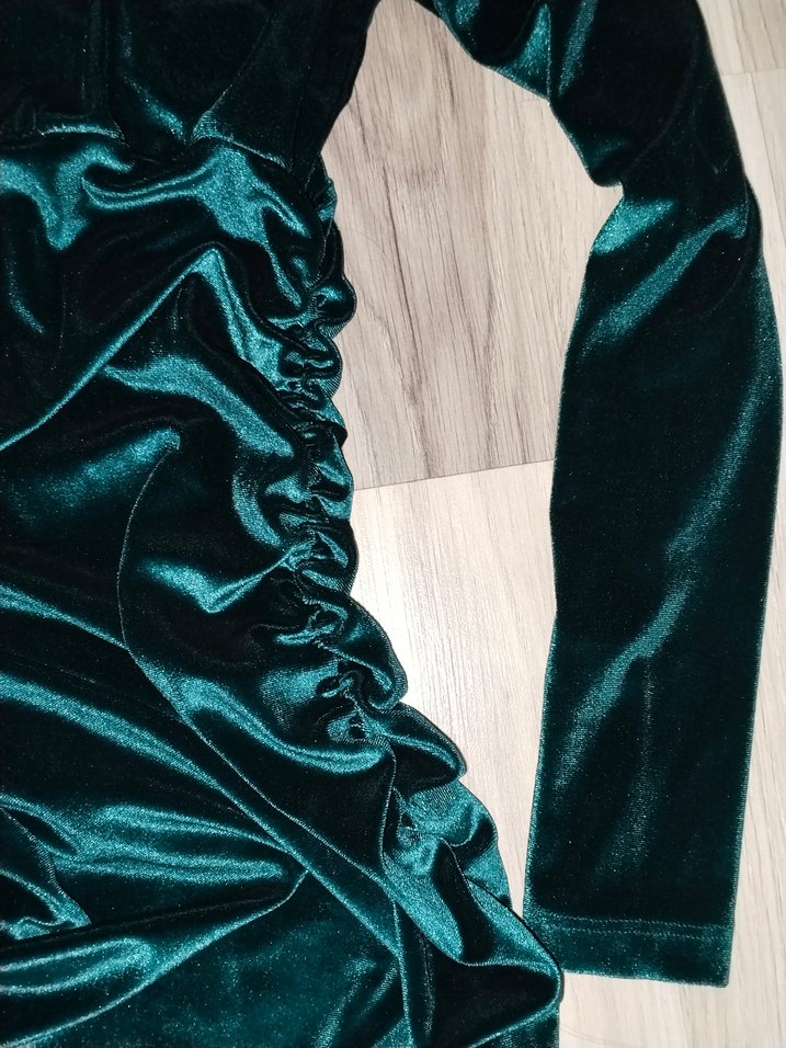 Turkuaz Drapeli V Yakalı Midi Elbise - Görsel 3