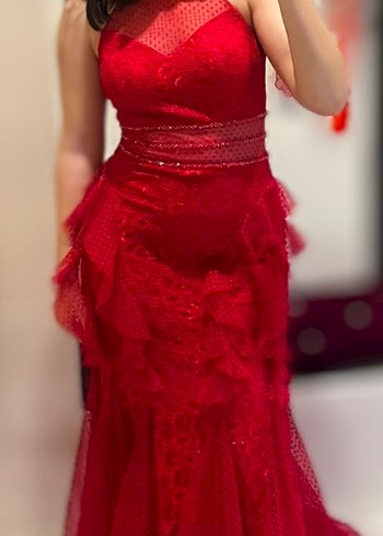 Uzun Parlak Kırmızı Drapeli Abiye Elbise - Görsel 7