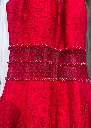 Uzun Parlak Kırmızı Drapeli Abiye Elbise - Görsel 4