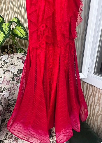 Uzun Parlak Kırmızı Drapeli Abiye Elbise - Görsel 5