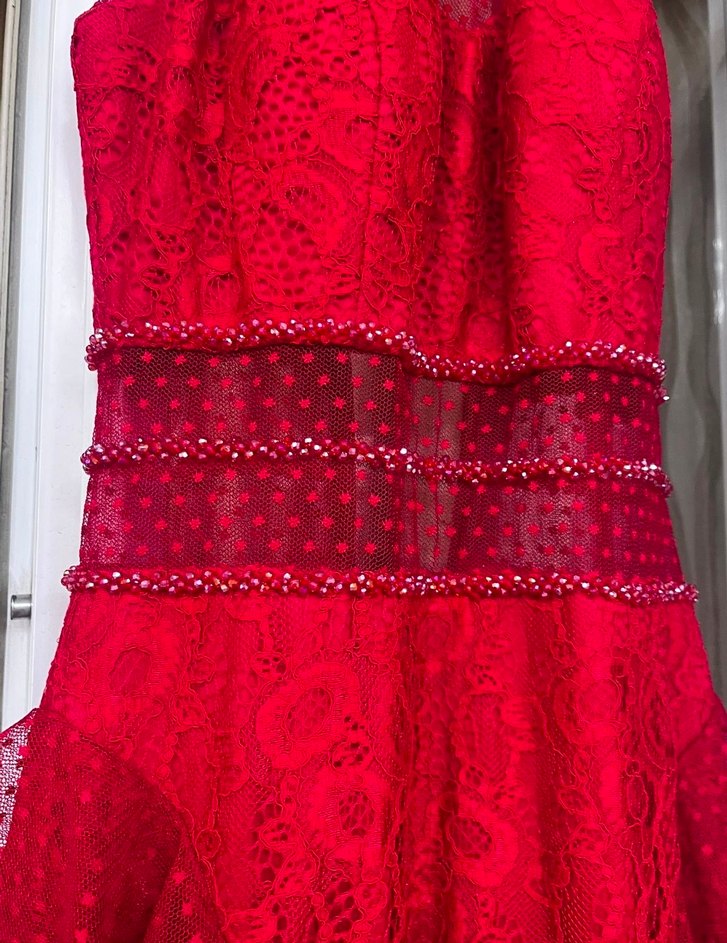 Uzun Parlak Kırmızı Drapeli Abiye Elbise - Görsel 4