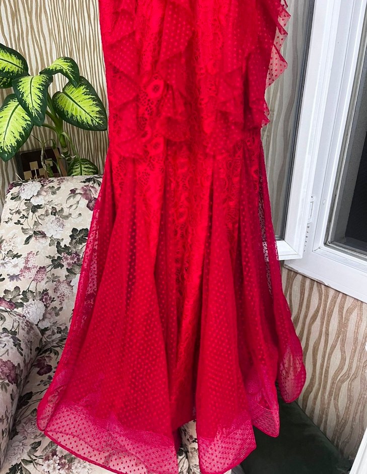 Uzun Parlak Kırmızı Drapeli Abiye Elbise - Görsel 5