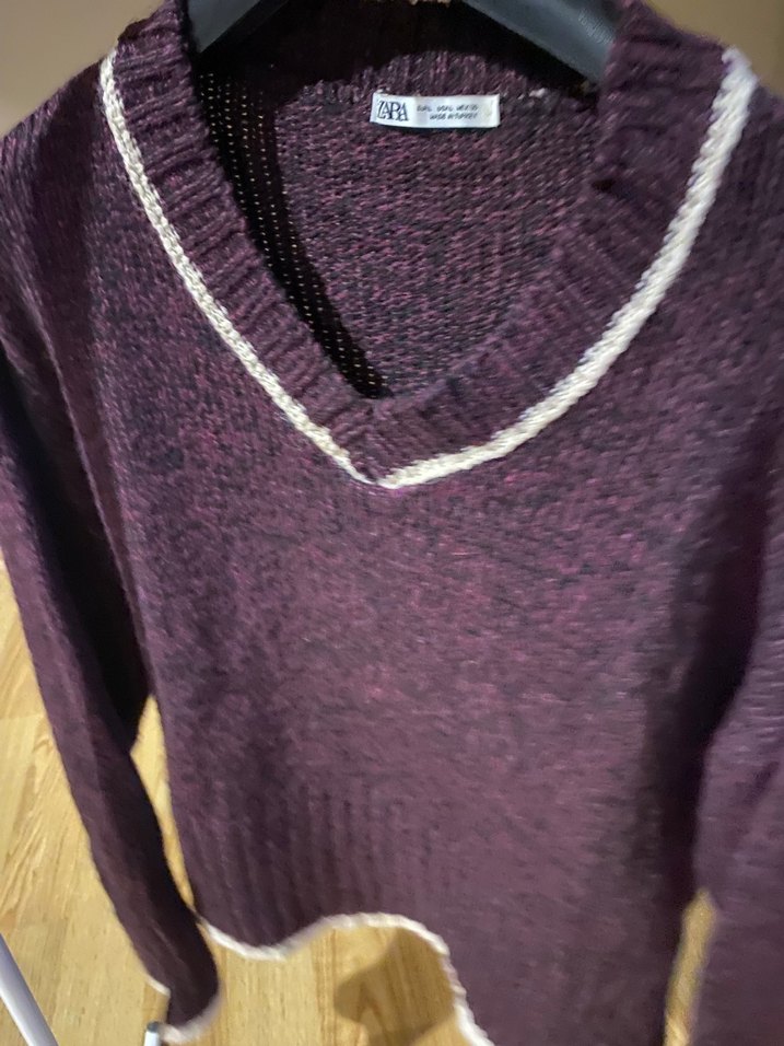 Bordo V Yaka Triko Kadın Kazak - Görsel 2