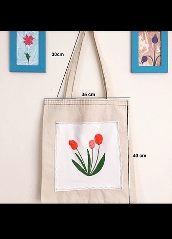 Lale motifli Tote Keten çanta 