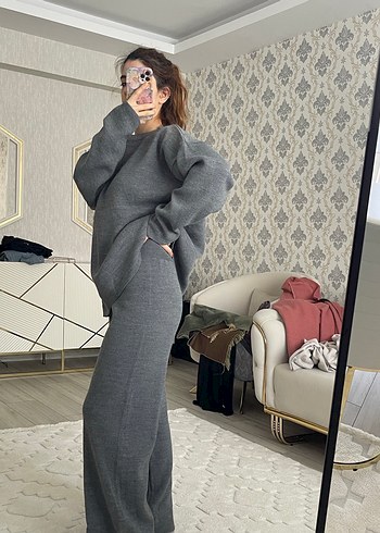 Gri Örme Kadın triko alt üst takım - Görsel 3