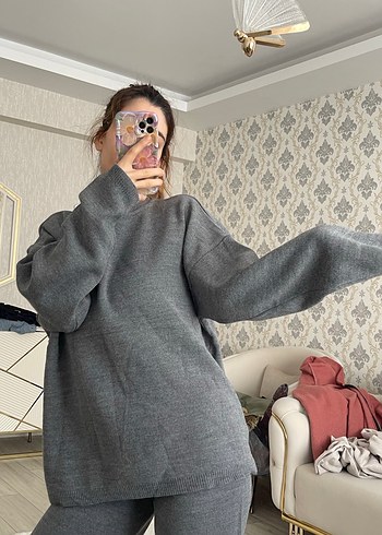 Gri Örme Kadın triko alt üst takım - Görsel 2