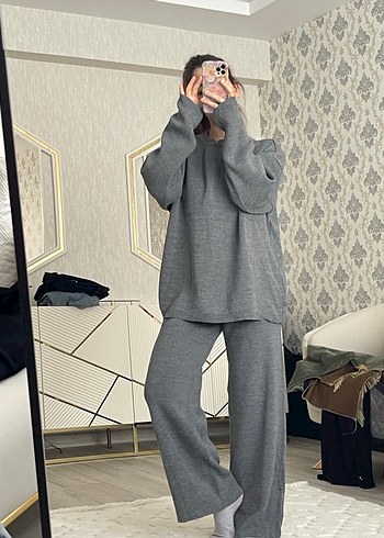 Gri Örme Kadın triko alt üst takım - Görsel 4