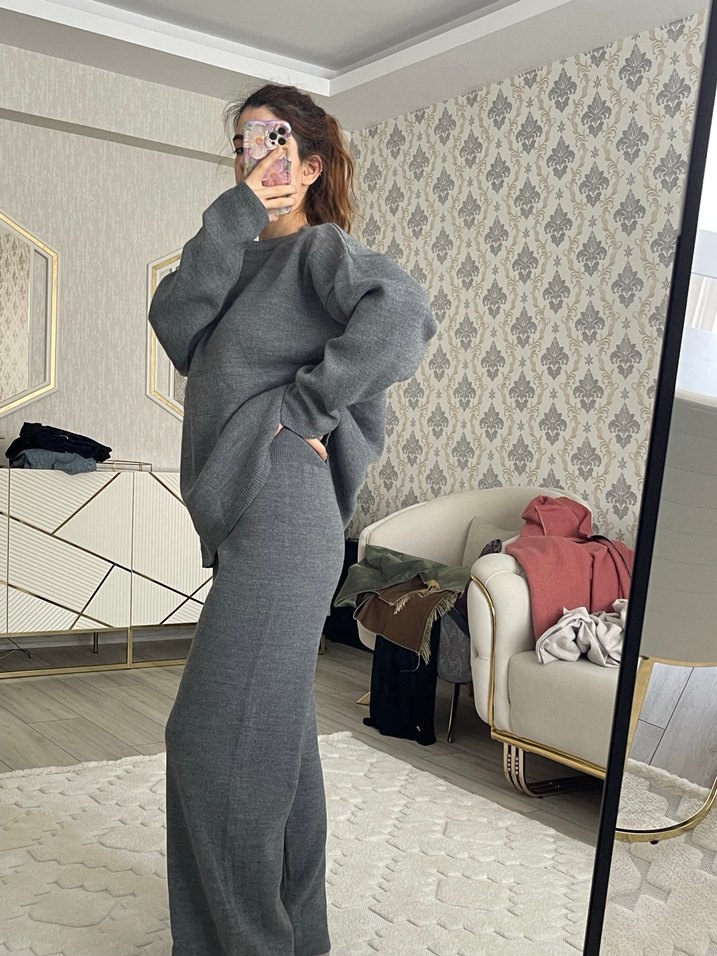 Gri Örme Kadın triko alt üst takım - Görsel 3