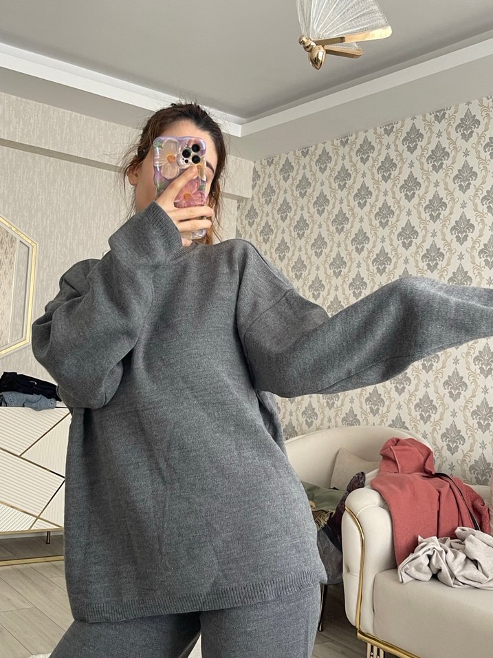 Gri Örme Kadın triko alt üst takım - Görsel 2