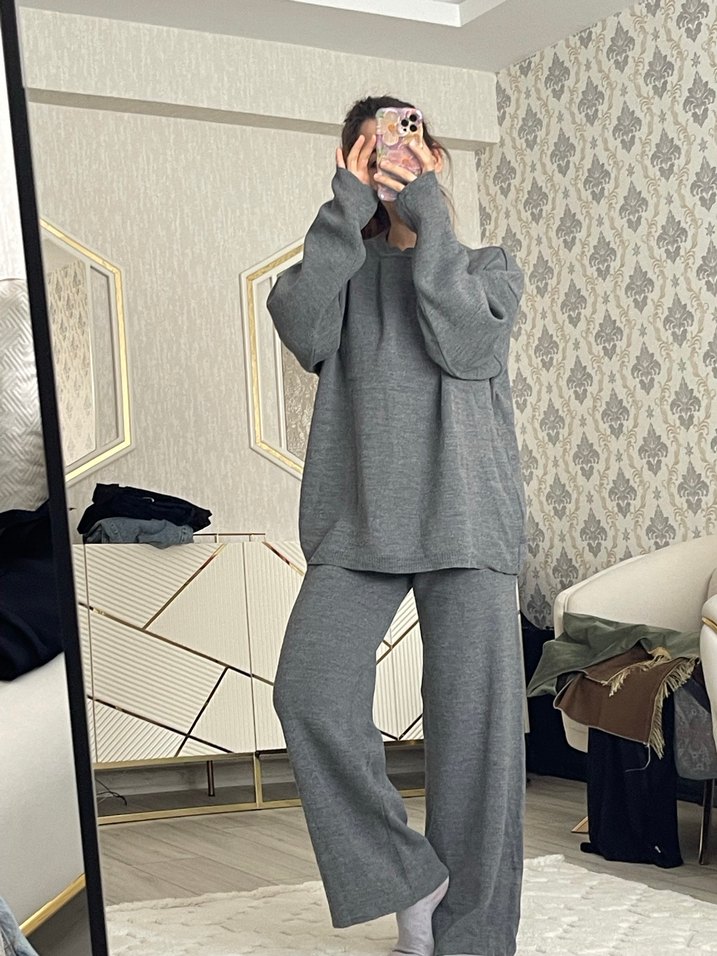 Gri Örme Kadın triko alt üst takım - Görsel 4