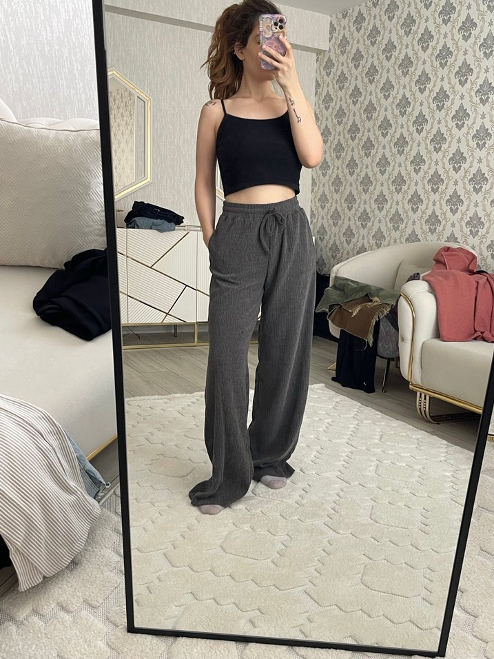 Gri Kadın Keten Salaş Pantolon - Görsel 2