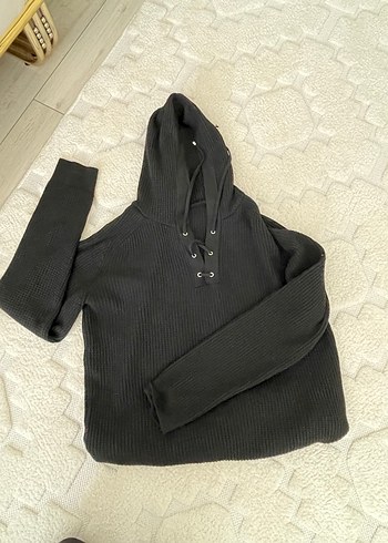 Siyah Kapüşonlu  örme Kadın üst - Görsel 2