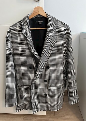 Düğmeli Gri Kareli Midi Kadın Blazer