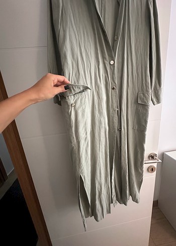 xs Beden Düğmeli Uzun Keten Kadın Elbise