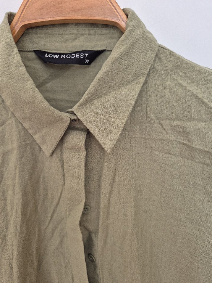 Kadın Haki Keten Gömlek Uzun Kollu - Görsel 4