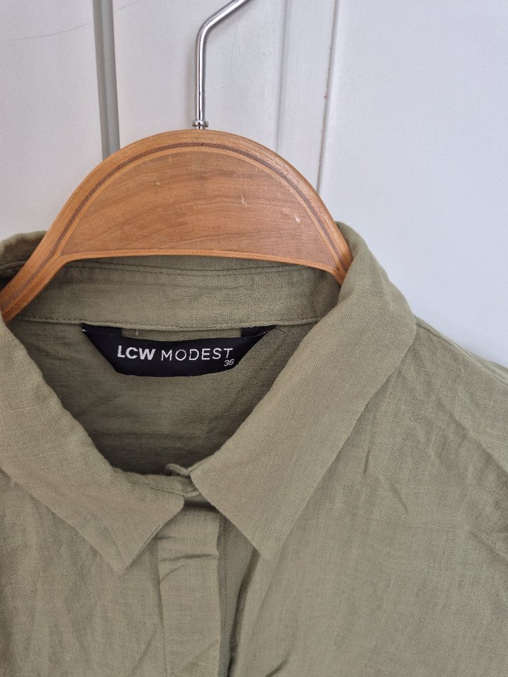 Kadın Haki Keten Gömlek Uzun Kollu - Görsel 2