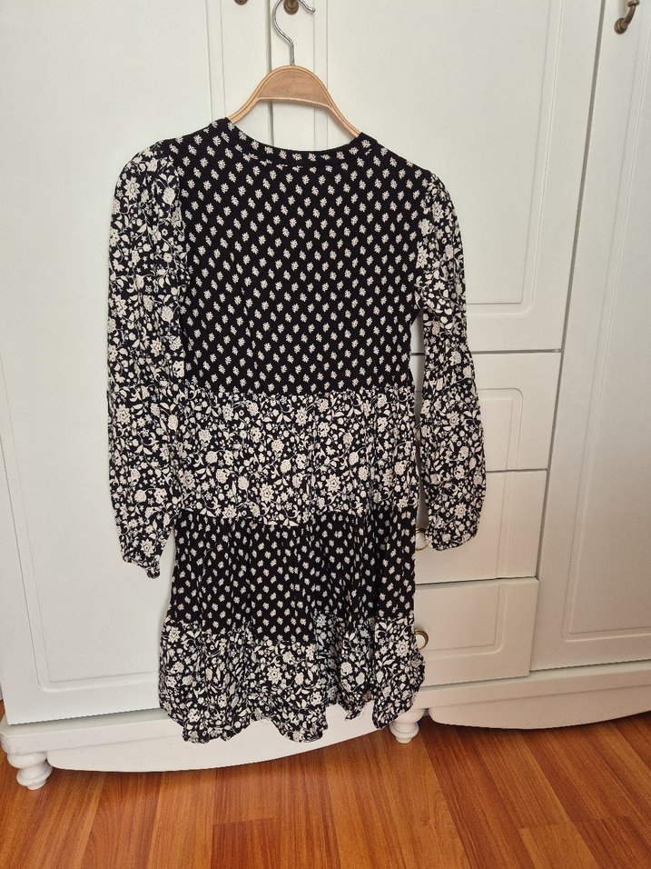 Uzun Kollu Siyah Baskılı Bohem Mini Elbise - Görsel 4