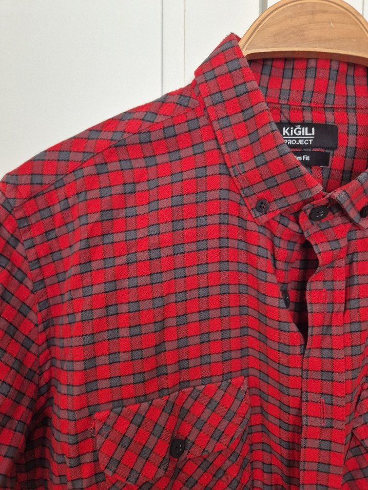 Kırmızı Kareli Düğmeli erkek Gömlek - Görsel 3