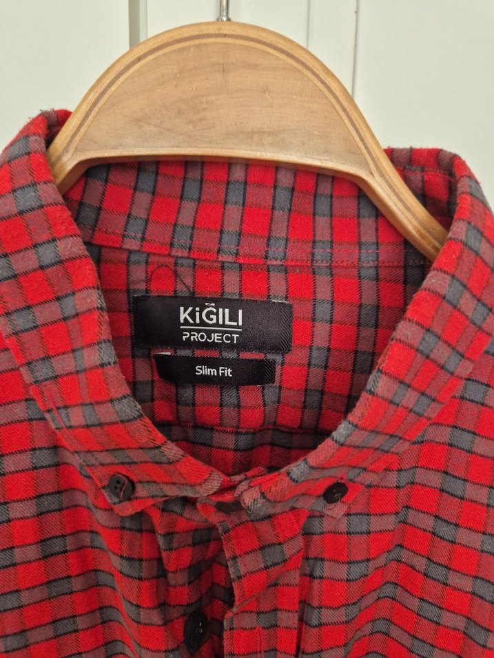 Kırmızı Kareli Düğmeli erkek Gömlek - Görsel 4