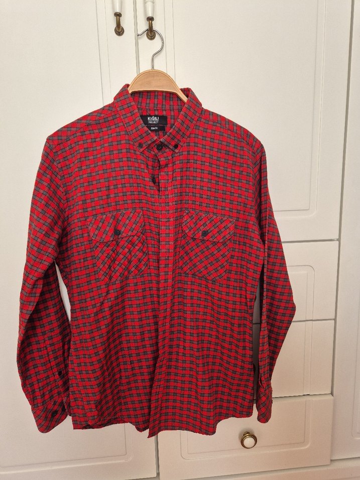 Kırmızı Kareli Düğmeli erkek Gömlek - Görsel 2