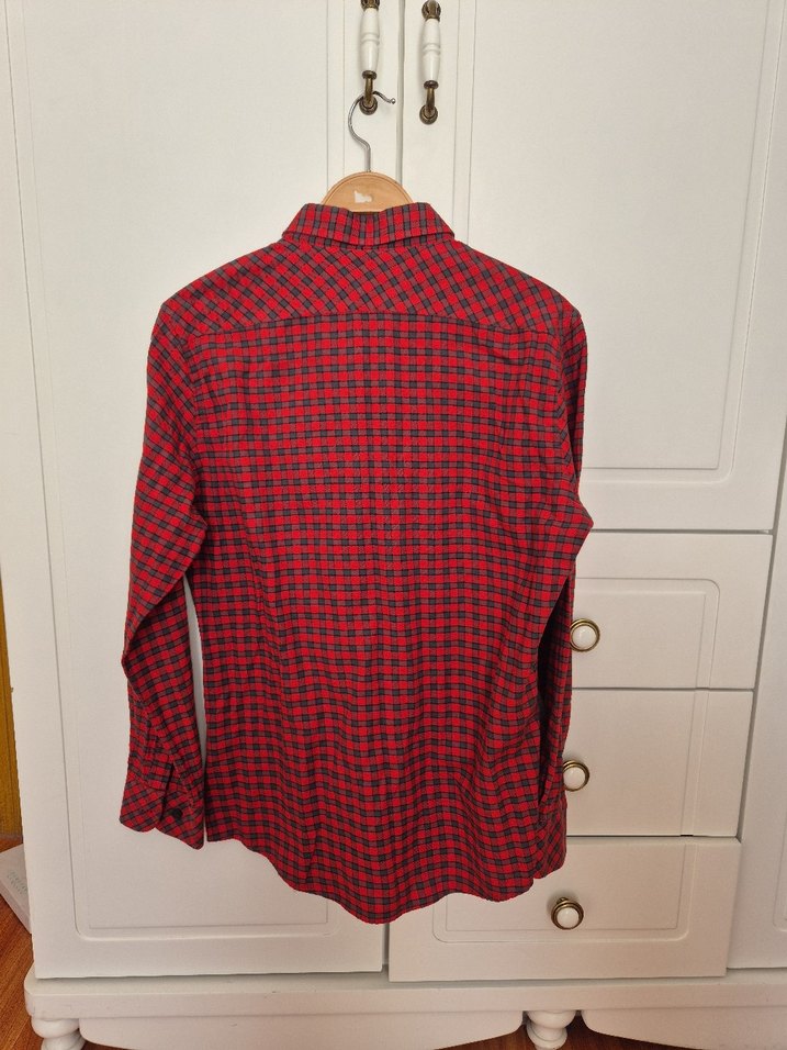 Kırmızı Kareli Düğmeli erkek Gömlek - Görsel 5