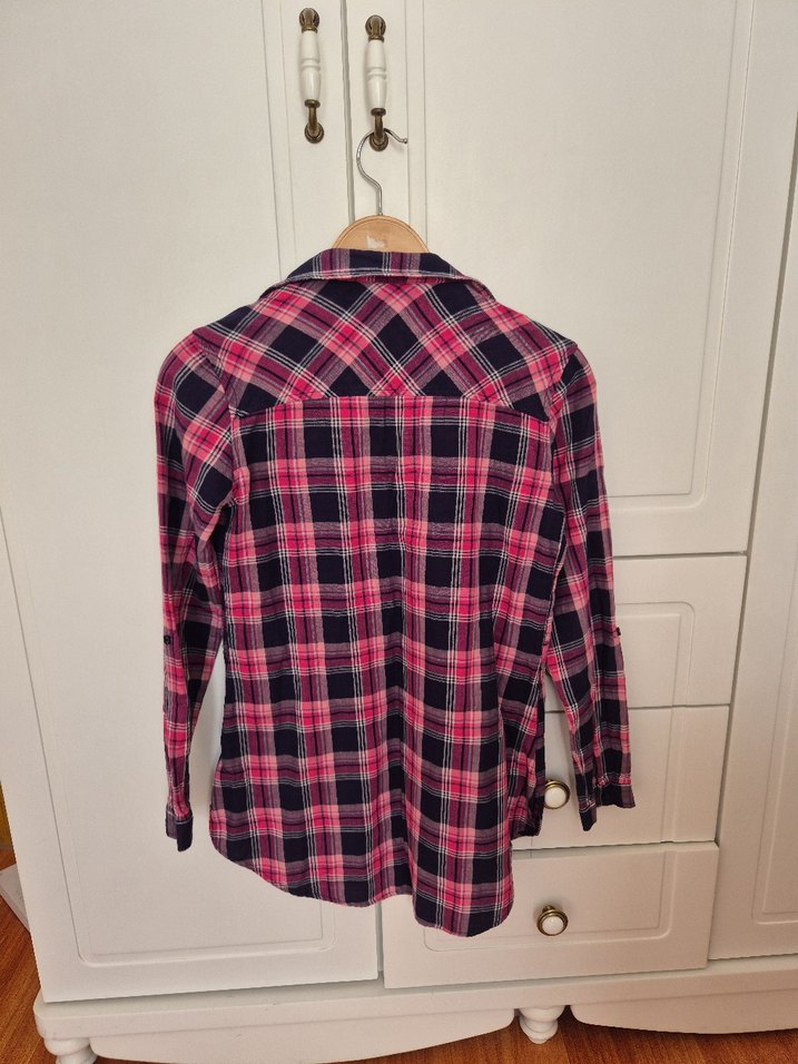 Düğmeli Pembe Kareli Kadın Gömlek - Görsel 2