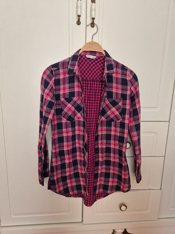 Düğmeli Pembe Kareli Kadın Gömlek - Görsel 3