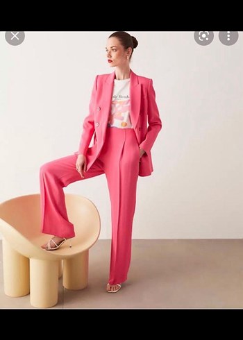 Pembe Düğmeli Uzun Kadın Blazer Ceket pantolon takım