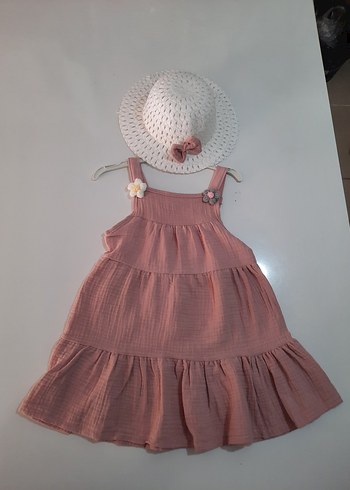 Pembe müslin Kız Elbise Fırfırlı Askılı 4 ve 7 arası
