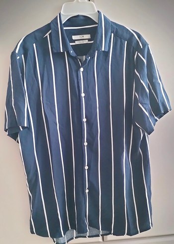 Erkek Mavi Düğmeli Çizgili Kısa Kollu Gömlek - Görsel 3