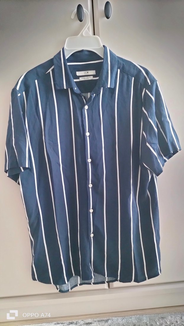 Erkek Mavi Düğmeli Çizgili Kısa Kollu Gömlek - Görsel 3